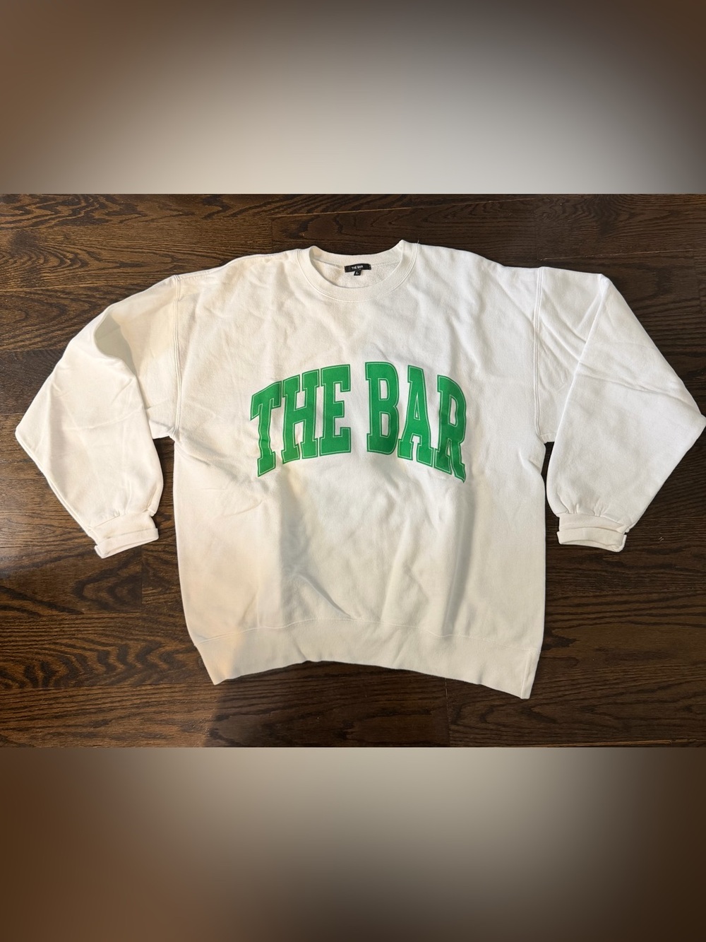 The Bar varsity crewneck, white and green- perfect condition